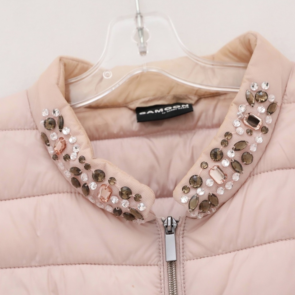 Samoon puffer vest warm pastel pink beaded collar 22 fall winter 52 sleeveless - Picture 2 of 7